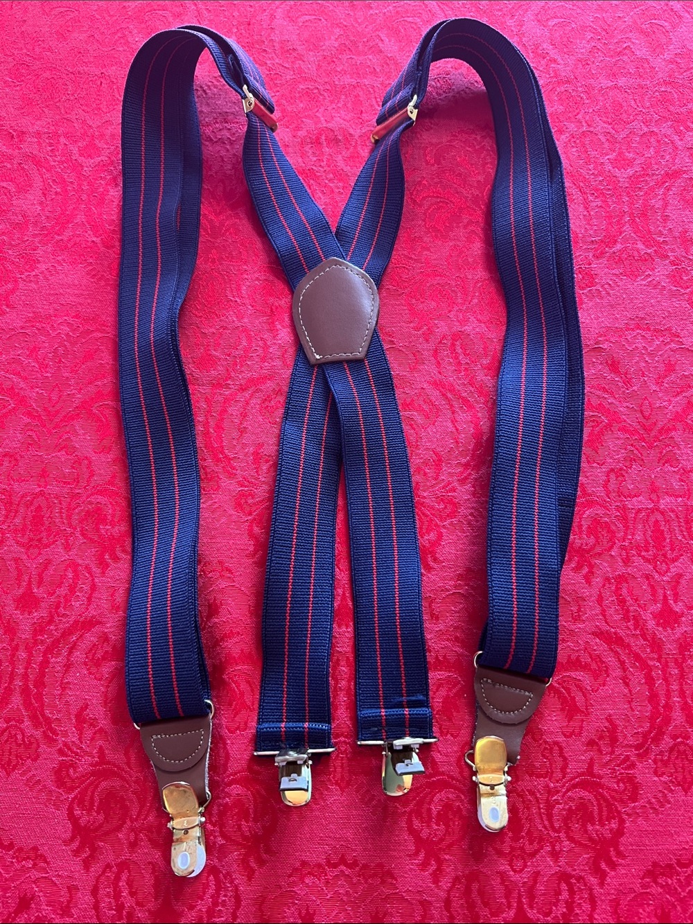 Vintage Men’s Navy Red Stripe Suspenders Leather Trim Gold Clips W Germany Hardw